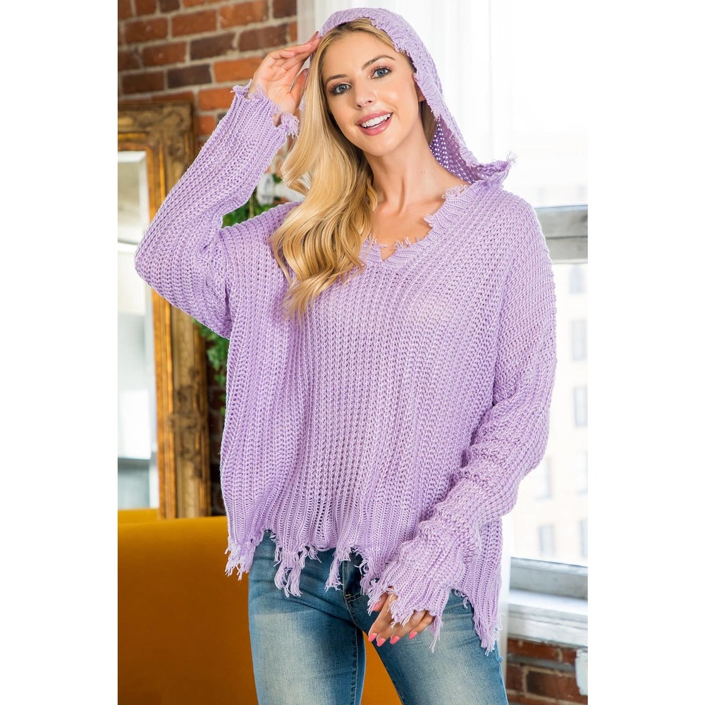 Lavender Tassel Detail Crochet Hooded Sweater